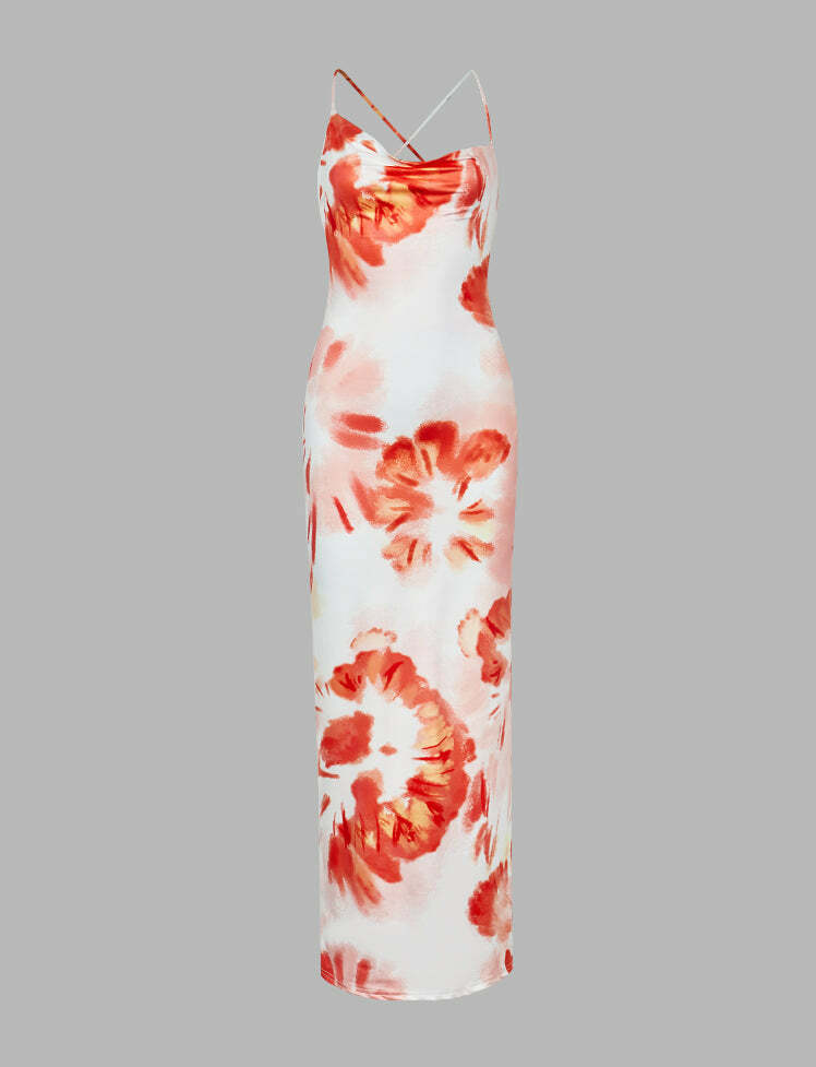 Floral Print Y2K Cross Tie Up Cami Dress - Cute Coquette Aesthetic for Trendy Outfits