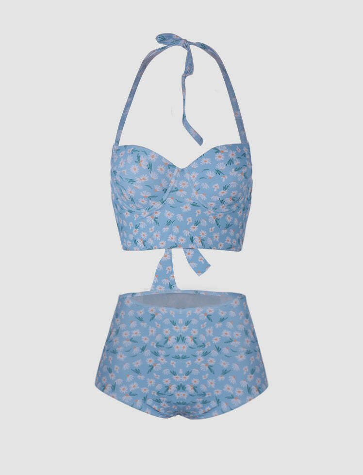Floral Print Y2K Halter Swimwear - Cute Aesthetic Beachwear for Coquette & Grunge Styles
