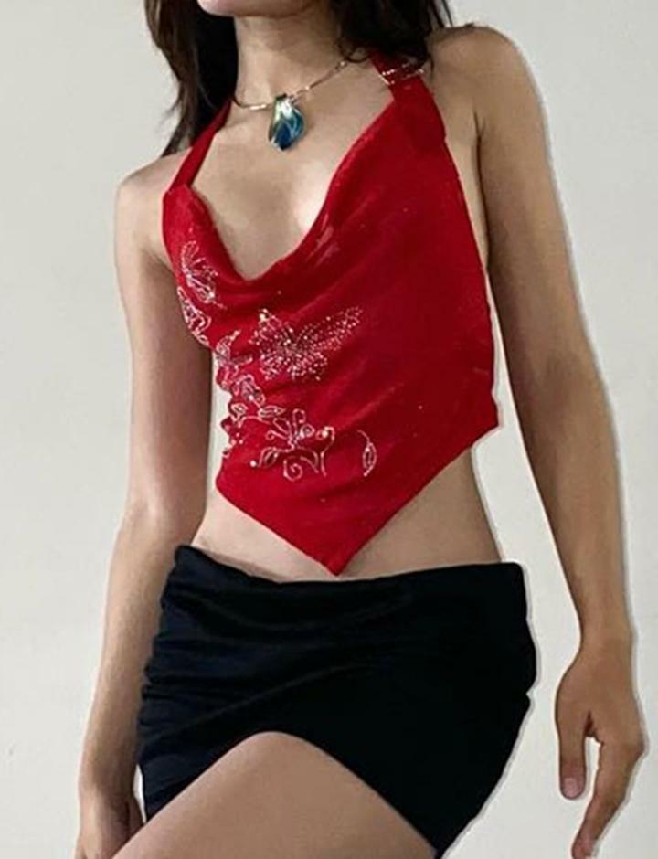 Floral Rhinestone Halter Camisole with Irregular Hem - Y2K Aesthetic Cute Top