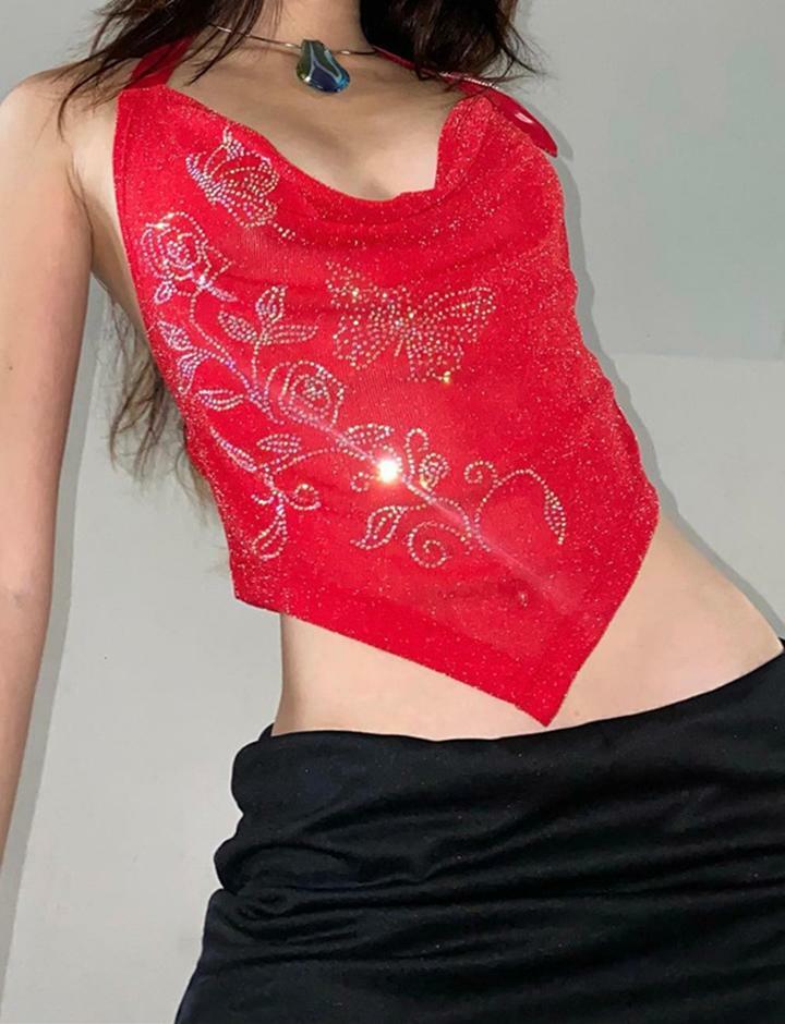 Floral Rhinestone Halter Camisole with Irregular Hem - Y2K Aesthetic Cute Top