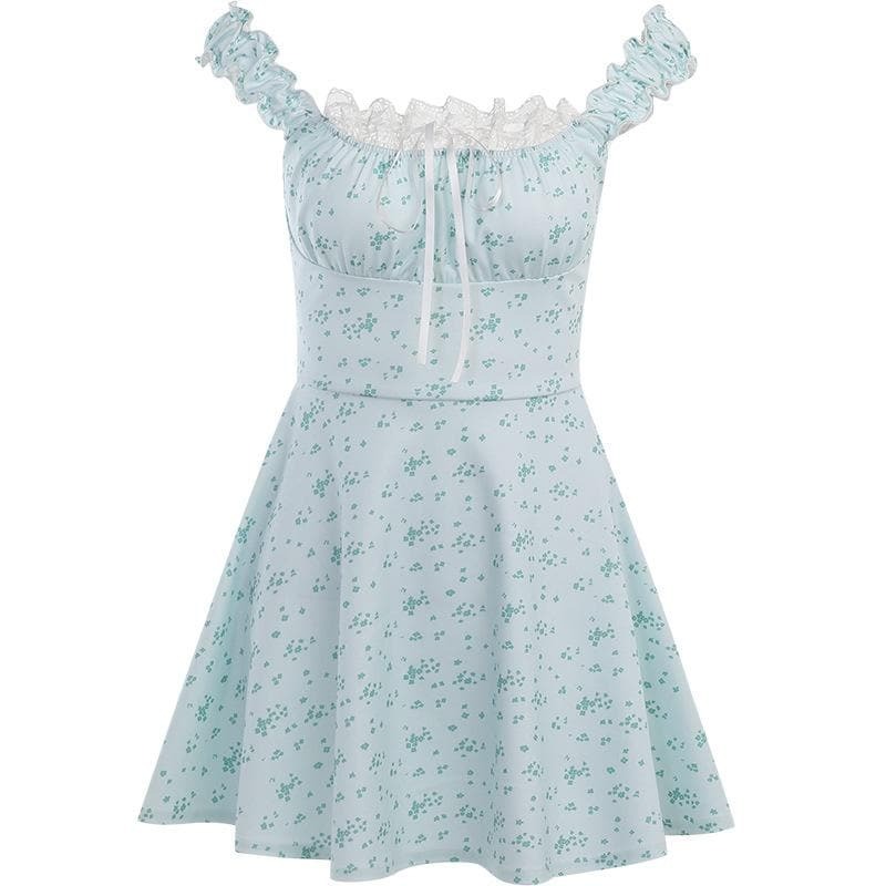 Floral Ruched Mini Dress with Cap Sleeves & Lace Hem - Y2K Coquette Aesthetic
