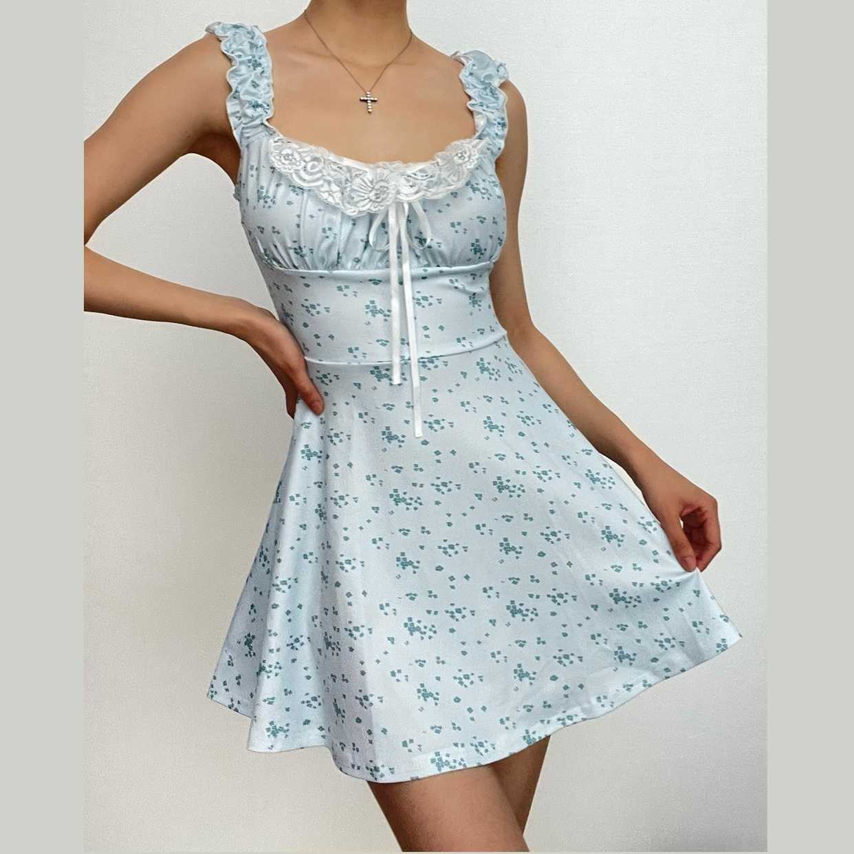 Floral Ruched Mini Dress with Cap Sleeves & Lace Hem - Y2K Coquette Aesthetic