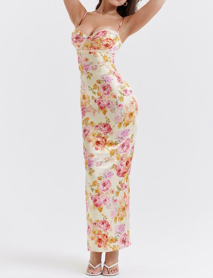 Floral Satin Lace-Trimmed Slit Maxi Dress - Y2K Aesthetic, Coquette Style, Cute Evening Wear