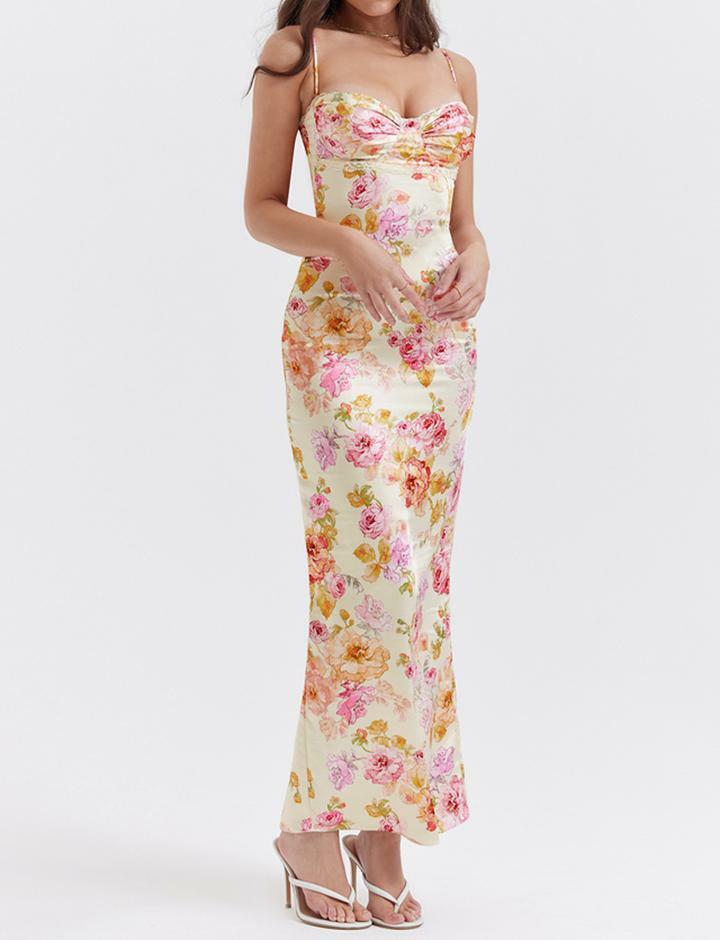 Floral Satin Lace-Trimmed Slit Maxi Dress - Y2K Aesthetic, Coquette Style, Cute Evening Wear