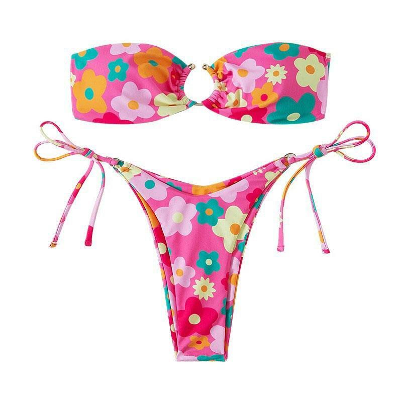 Floral Self-Tie O-Ring Tube Bikini Swimwear - Y2K Aesthetic, Cute Summer Vibes