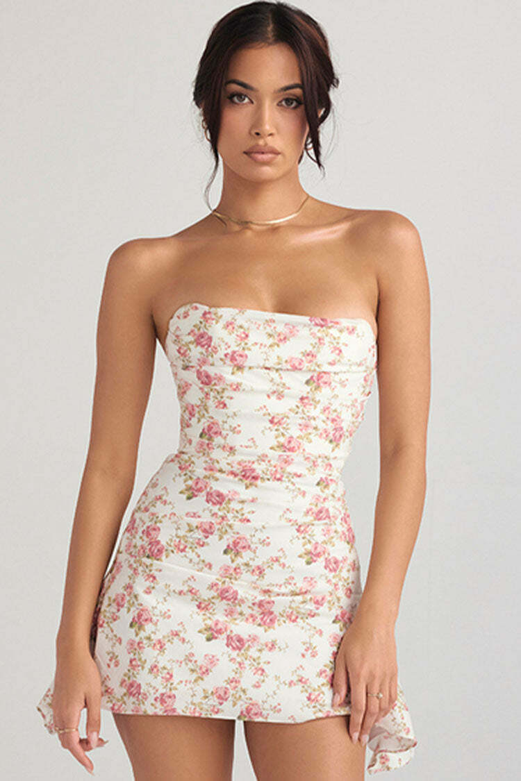 Floral Silky Satin Strapless Mini Dress with Pleated Trim - Y2K Coquette Aesthetic Party Wear
