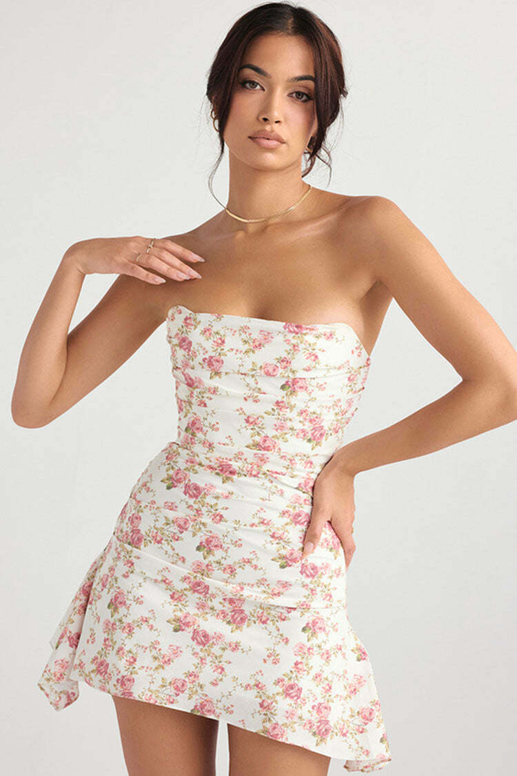 Floral Silky Satin Strapless Mini Dress with Pleated Trim - Y2K Coquette Aesthetic Party Wear