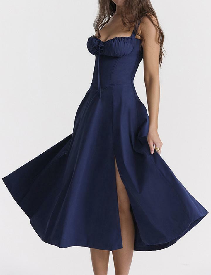 Floral Slit Midi Dress with Backless Slim Suspender - Y2K Coquette Aesthetic Style