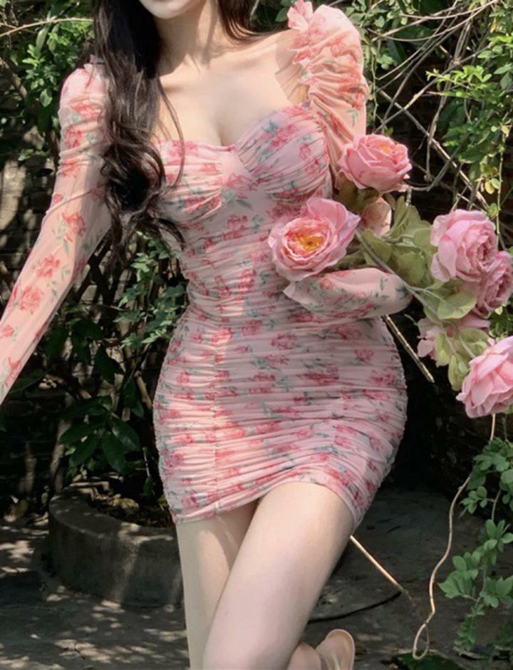 Floral Square Neck Hip Dress - Y2K Aesthetic, Coquette Style, Cute & Comfy Fashion