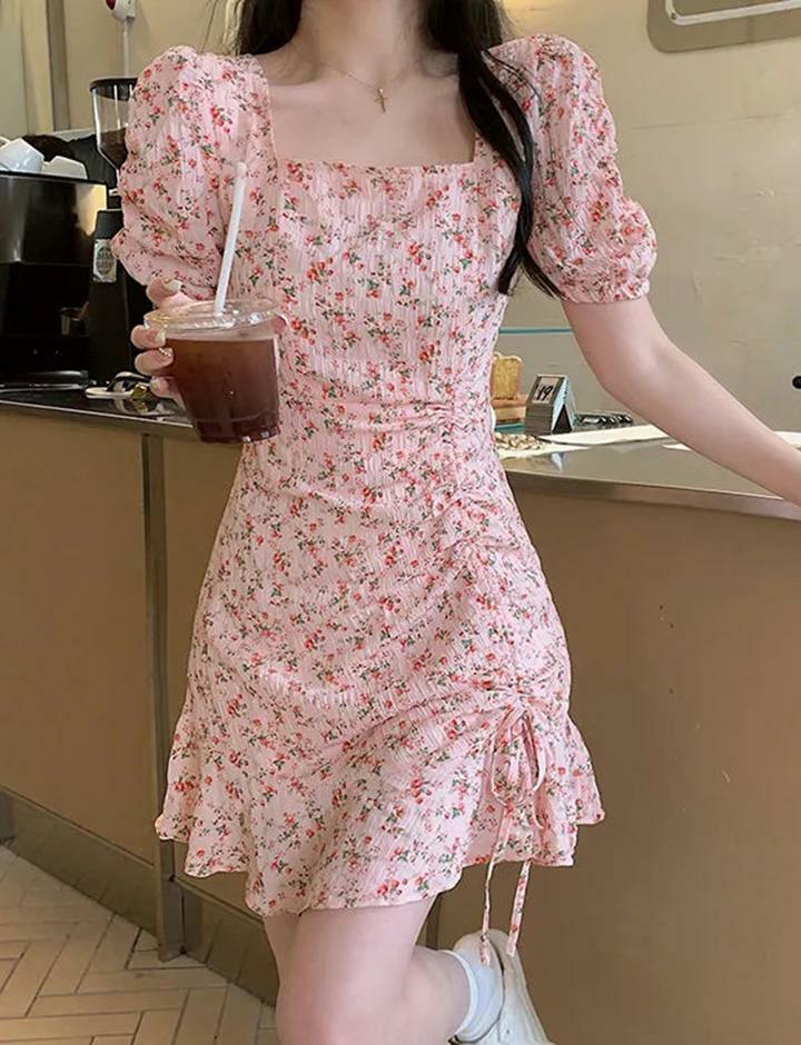 Floral Square Neck Tie Dress - Y2K Aesthetic, Coquette Style, Cute & Comfy Fashion