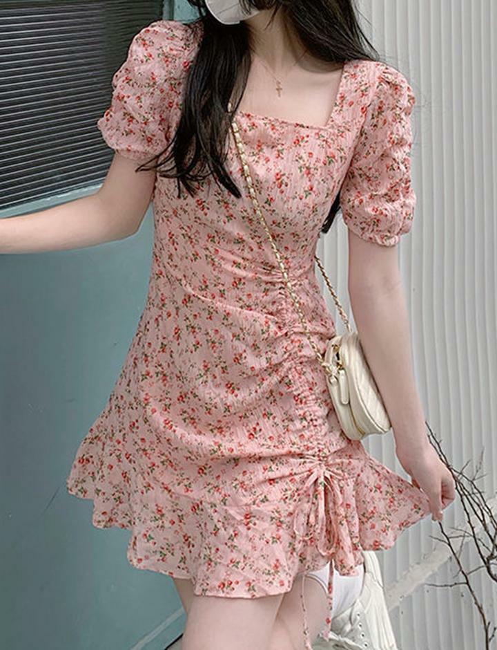 Floral Square Neck Tie Dress - Y2K Aesthetic, Coquette Style, Cute & Comfy Fashion