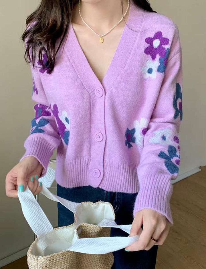 Floral V-Neck Y2K Cropped Sweater - Cute Preppy Aesthetic Top for Cozy Outfits