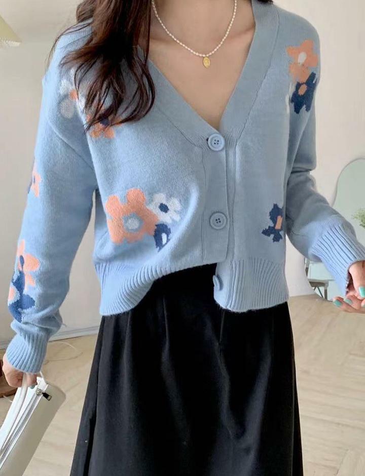 Floral V-Neck Y2K Cropped Sweater - Cute Preppy Aesthetic Top for Cozy Outfits