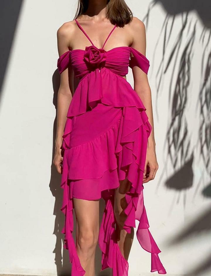 Flower-Embellished Sling Dress with Unique Irregular Design - Y2K Aesthetic Fashion