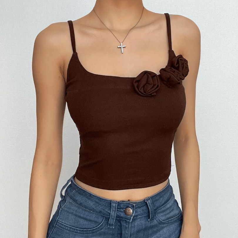 Flower Applique Backless Cami Crop Top - Y2K Aesthetic Cute Top for Coquette & Grunge Styles