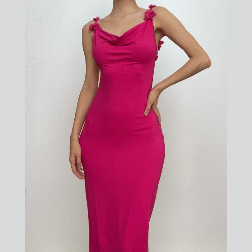 Flower Applique Backless Maxi Dress - Y2K Aesthetic, Coquette Style, and Grunge Vibes