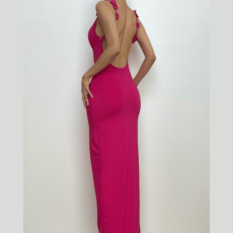 Flower Applique Backless Maxi Dress - Y2K Aesthetic, Coquette Style, and Grunge Vibes