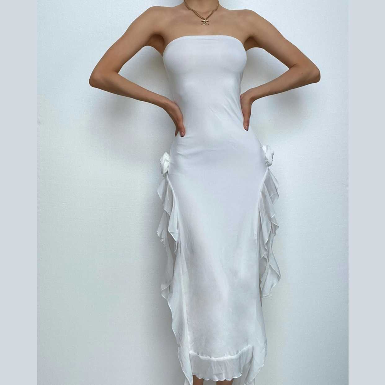 Flower Applique Backless Tube Maxi Dress with Ribbon Slit - Y2K Coquette Aesthetic