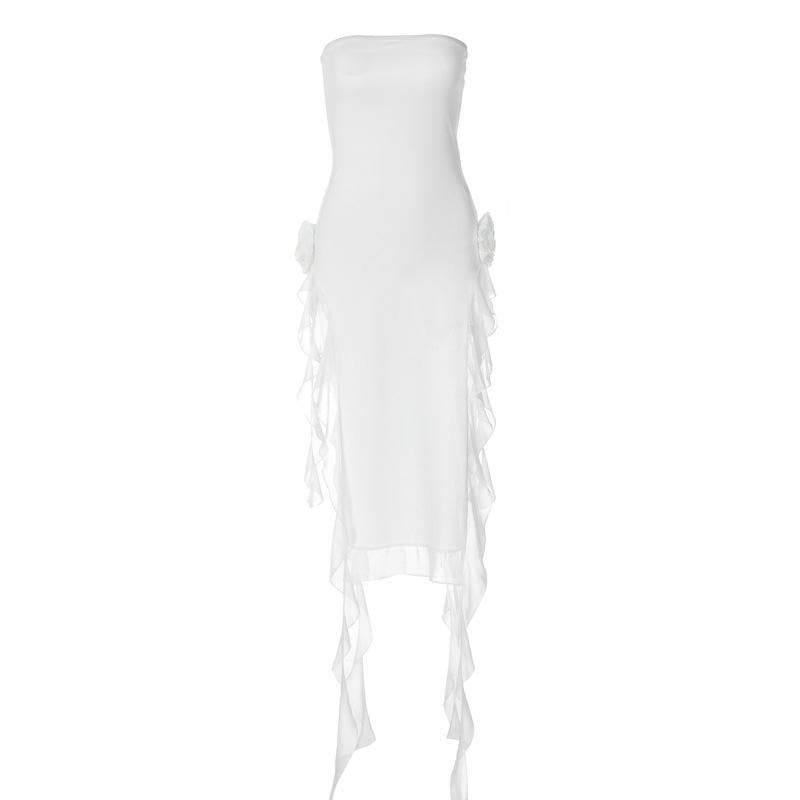 Flower Applique Backless Tube Maxi Dress with Ribbon Slit - Y2K Coquette Aesthetic