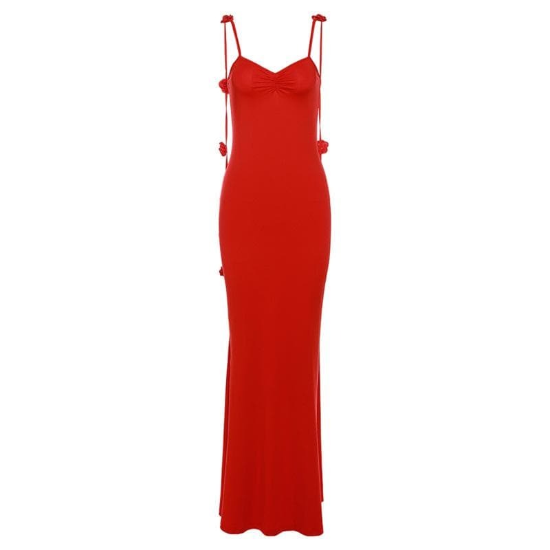 Flower Applique Backless V-Neck Cami Maxi Dress - Y2K Aesthetic & Coquette Style