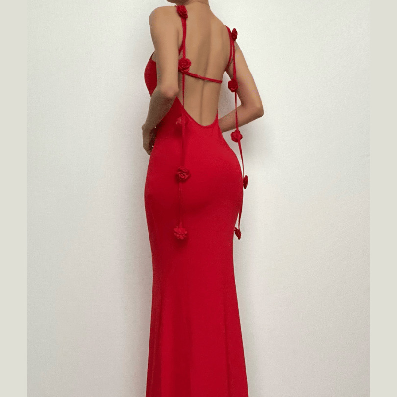 Flower Applique Backless V-Neck Cami Maxi Dress - Y2K Aesthetic & Coquette Style