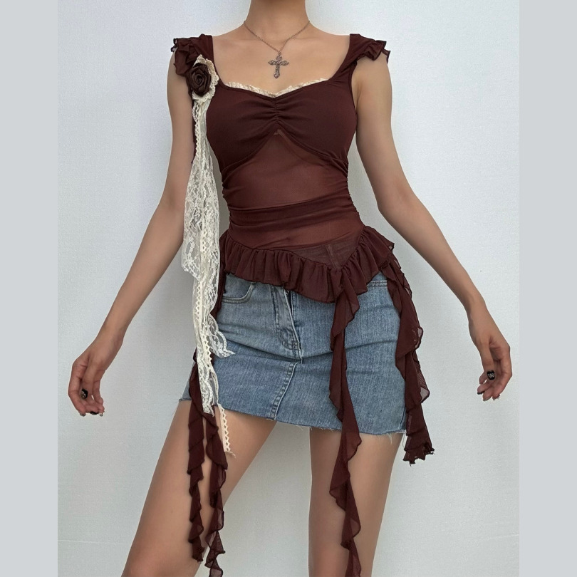 Flower Applique Lace Hem Irregular Cami Top - Y2K Aesthetic Cute Layering Piece