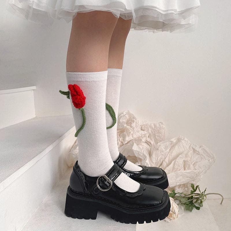 Flower Applique Medium Long Socks - Y2K Aesthetic, Cute & Comfy for Coquette & Grunge Styles