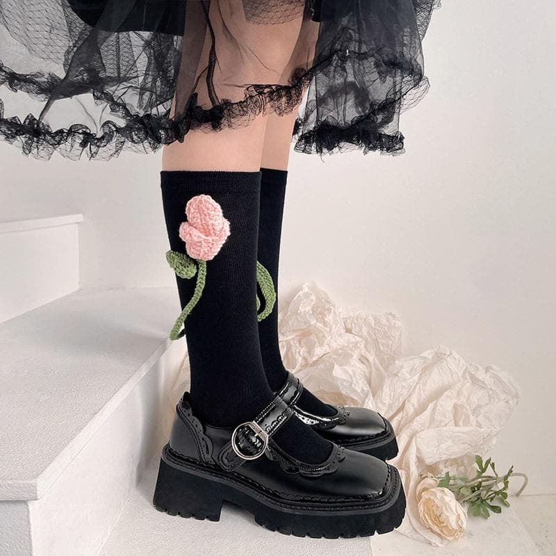 Flower Applique Medium Long Socks - Y2K Aesthetic, Cute & Comfy for Coquette & Grunge Styles