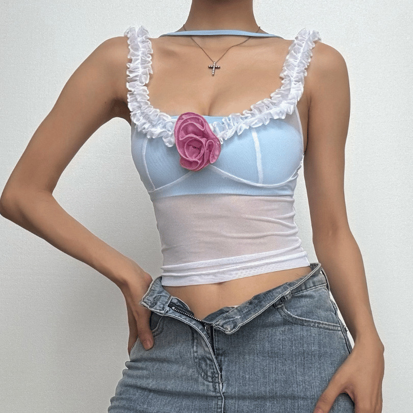 Flower Applique Mesh Cami Top - Y2K Aesthetic Sheer Cute Top for Coquette & Grunge Styles