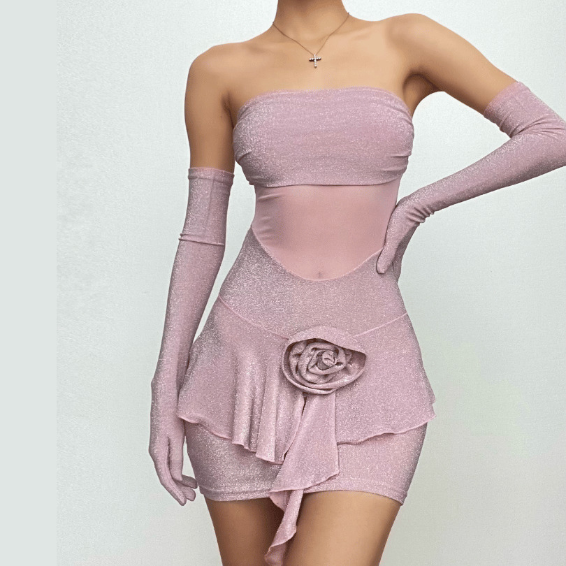 Flower Applique Mesh Patchwork Ruched Tube Mini Dress - Y2K Coquette Aesthetic Fashion