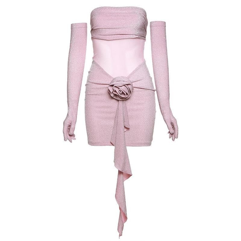 Flower Applique Mesh Patchwork Ruched Tube Mini Dress - Y2K Coquette Aesthetic Fashion