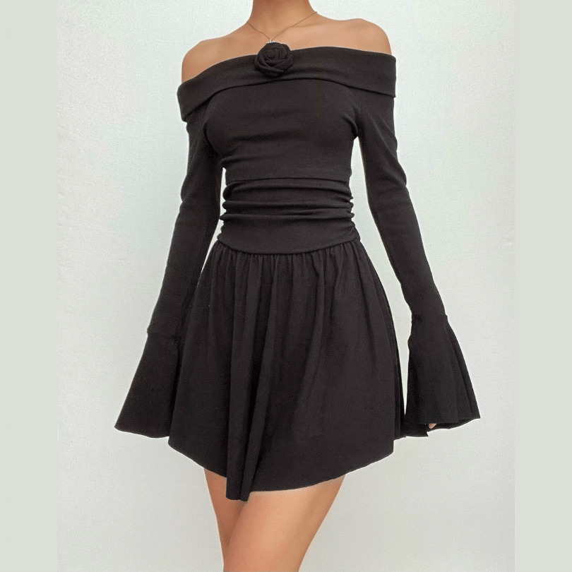 Flower Applique Off-Shoulder Mini Dress with Flared Sleeves - Y2K Coquette Aesthetic