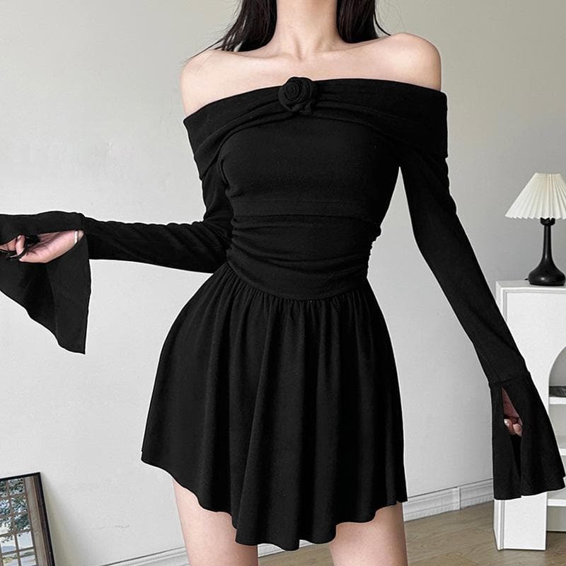 Flower Applique Off-Shoulder Mini Dress with Flared Sleeves - Y2K Coquette Aesthetic