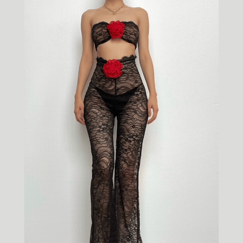 Flower Applique Ruched Lace Contrast Jumpsuit - Y2K Aesthetic Cute Top for Coquette Style