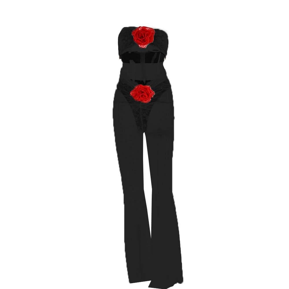 Flower Applique Ruched Lace Contrast Jumpsuit - Y2K Aesthetic Cute Top for Coquette Style