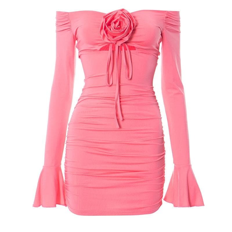 Flower Applique Ruched Mini Dress with Long Flared Sleeves & Cut-Outs - Y2K Aesthetic