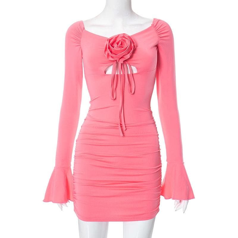 Flower Applique Ruched Mini Dress with Long Flared Sleeves & Cut-Outs - Y2K Aesthetic