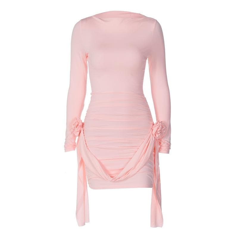 Flower Applique Ruched Ribbon Mini Dress - Y2K Aesthetic Cute Top for Coquette Style