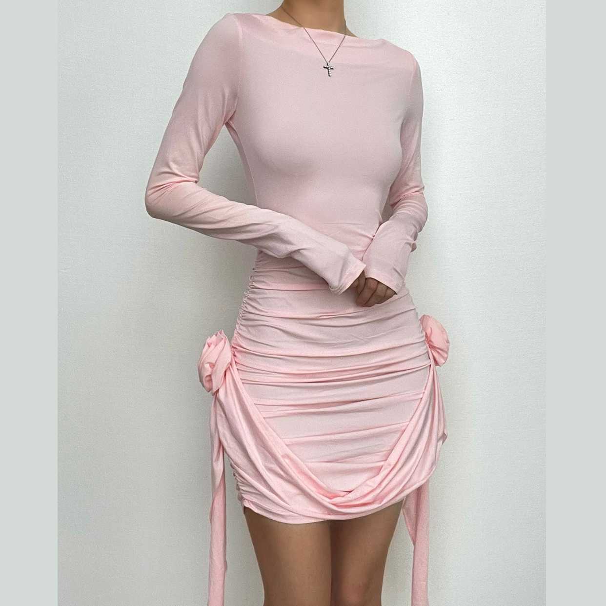 Flower Applique Ruched Ribbon Mini Dress - Y2K Aesthetic Cute Top for Coquette Style