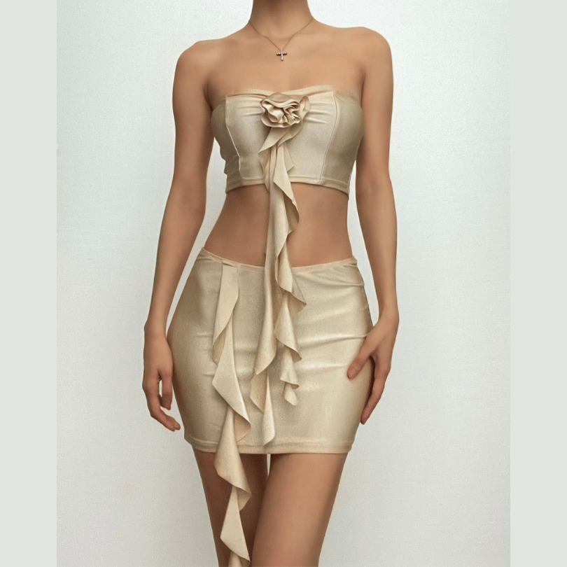 Flower Applique Ruffle Backless Tube Mini Skirt Set - Y2K Coquette Aesthetic Outfit