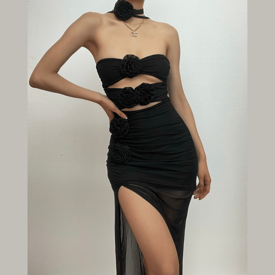 Flower Applique Sheer Mesh Backless Zip-Up Slit Tube Cut-Out Midi Dress - Y2K & Coquette Aesthetic