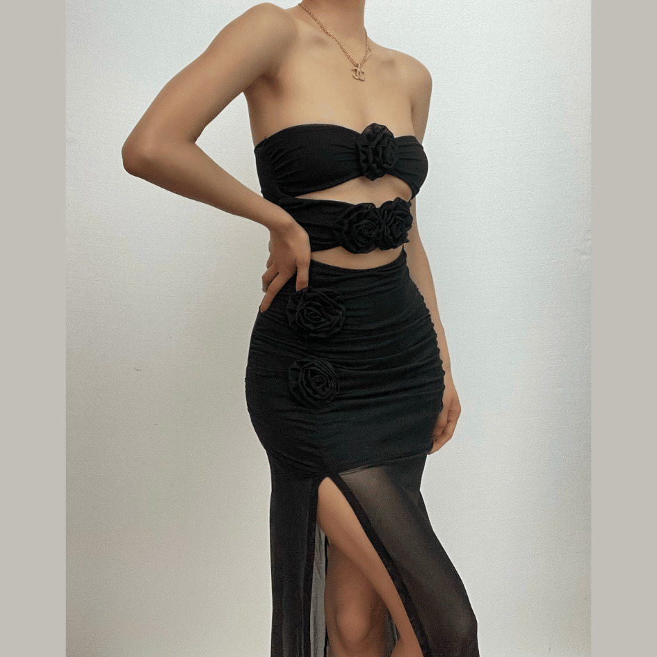 Flower Applique Sheer Mesh Backless Zip-Up Slit Tube Cut-Out Midi Dress - Y2K & Coquette Aesthetic