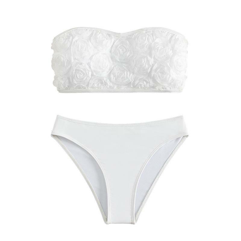 Flower Applique Solid Tube Bikini - Y2K Aesthetic Swimwear for Coquette & Grunge Styles