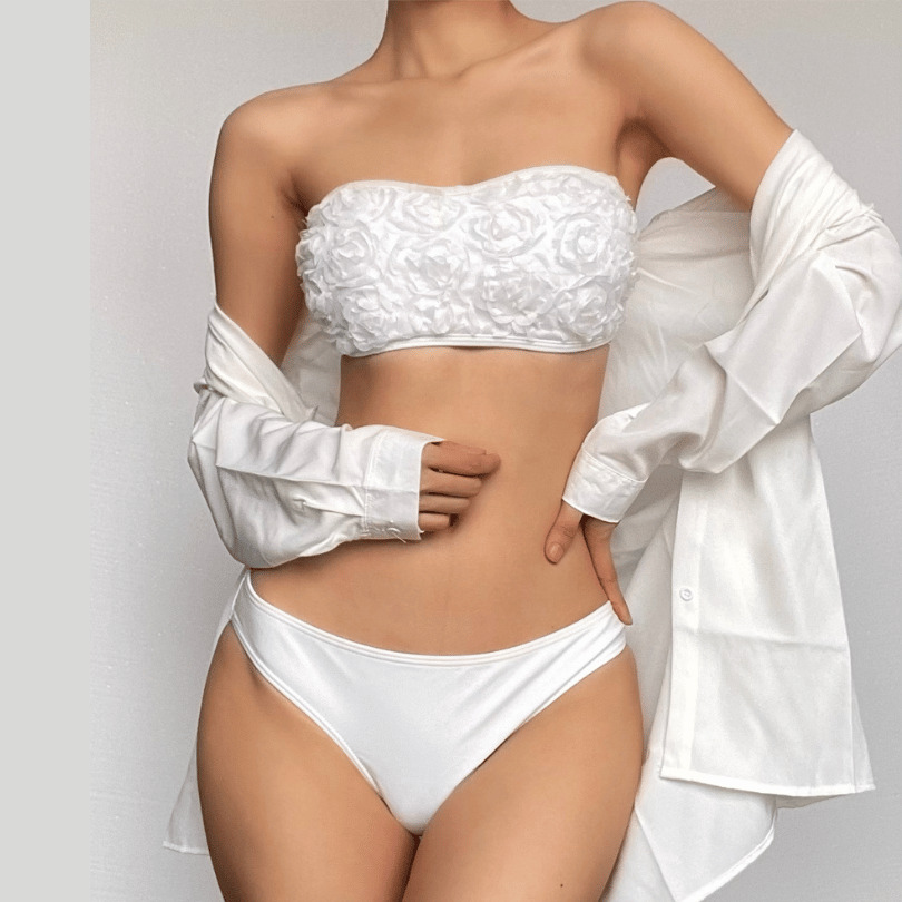 Flower Applique Solid Tube Bikini - Y2K Aesthetic Swimwear for Coquette & Grunge Styles