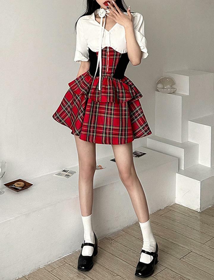 Flower Decor Corset Top with Plaid Tiered Skirt - Y2K Coquette Aesthetic Outfit