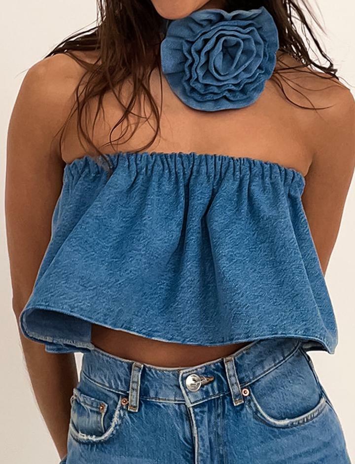 Flower Decor Denim Strapless Camisole - Y2K Aesthetic Cute Top for Coquette & Grunge Styles