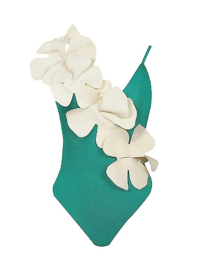 Flower Embellished Y2K Slim Swimsuit with Straps - Cute Aesthetic Swimwear for Summer