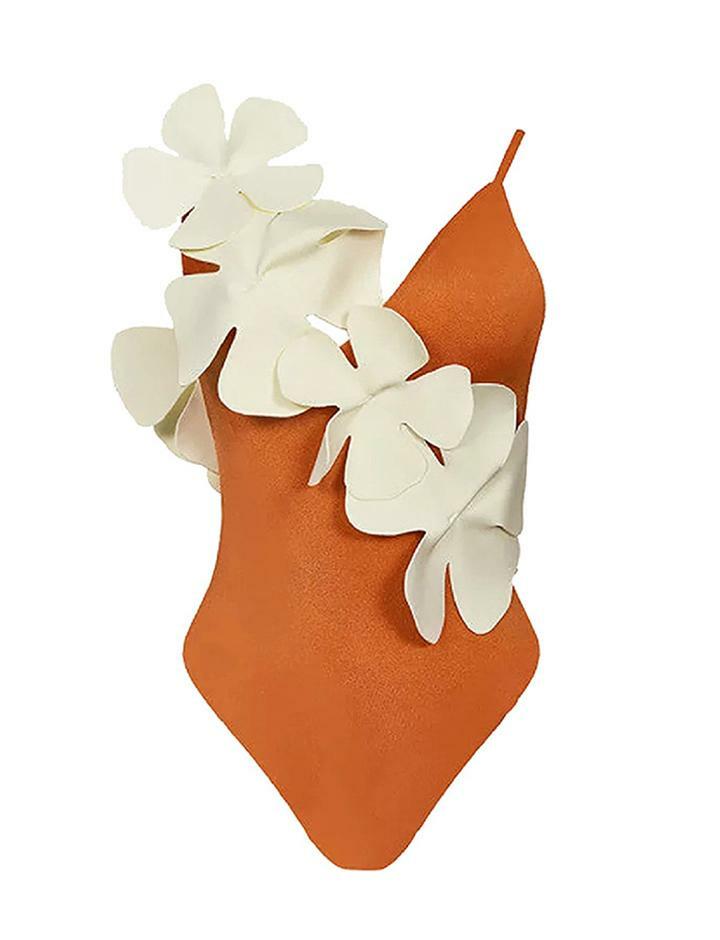 Flower Embellished Y2K Slim Swimsuit with Straps - Cute Aesthetic Swimwear for Summer