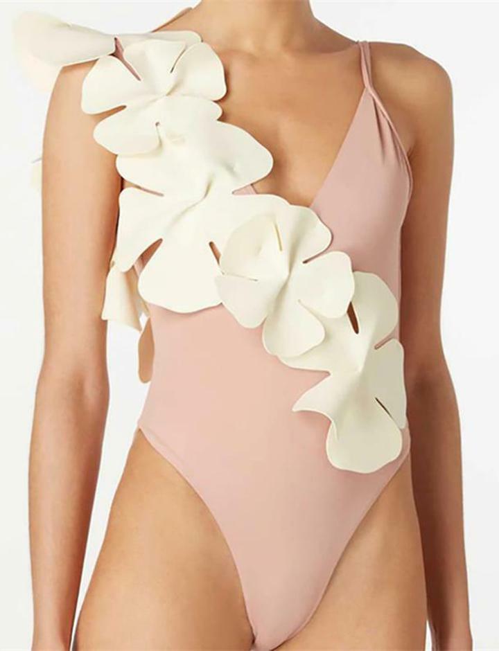 Flower Embellished Y2K Slim Swimsuit with Straps - Cute Aesthetic Swimwear for Summer