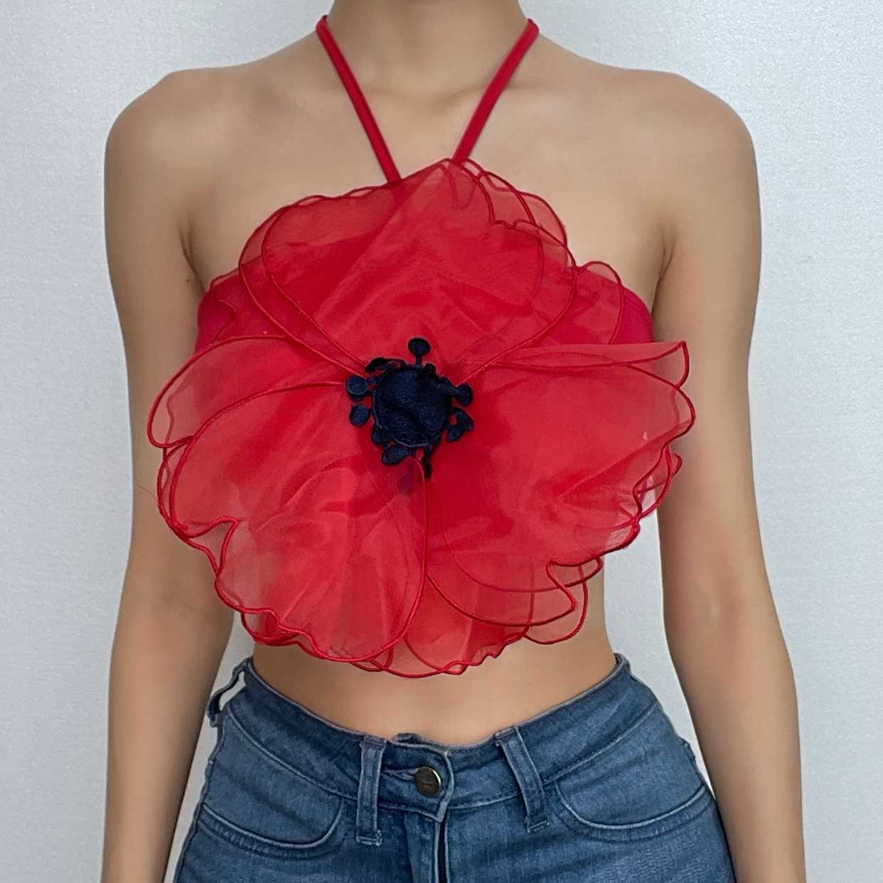 Flower Embroidered Contrast Halter Backless Crop Top - Y2K Coquette Aesthetic Fashion
